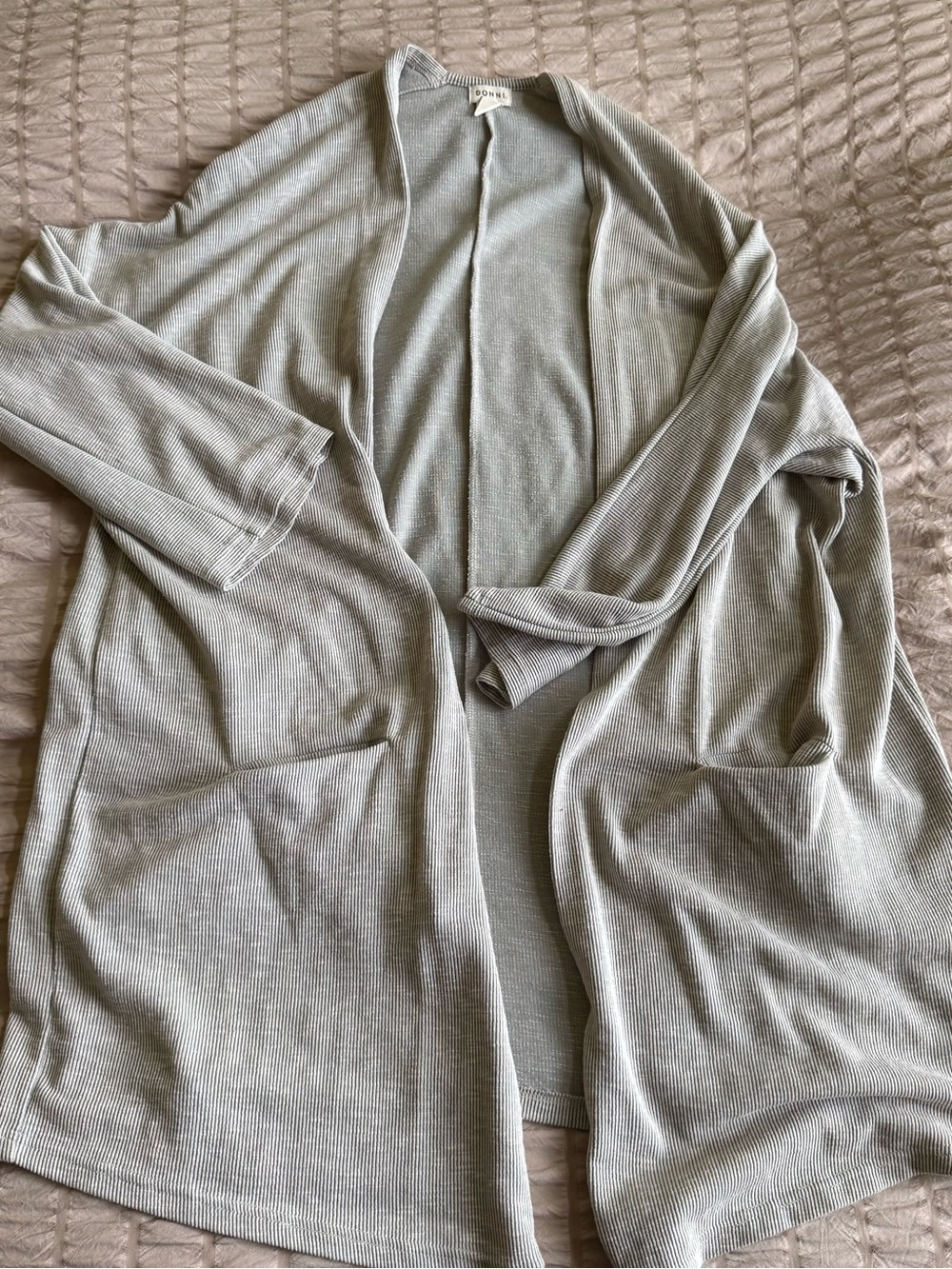 DONNI. Gray/Cream Open-Front Ribbed Cardigan Sweater